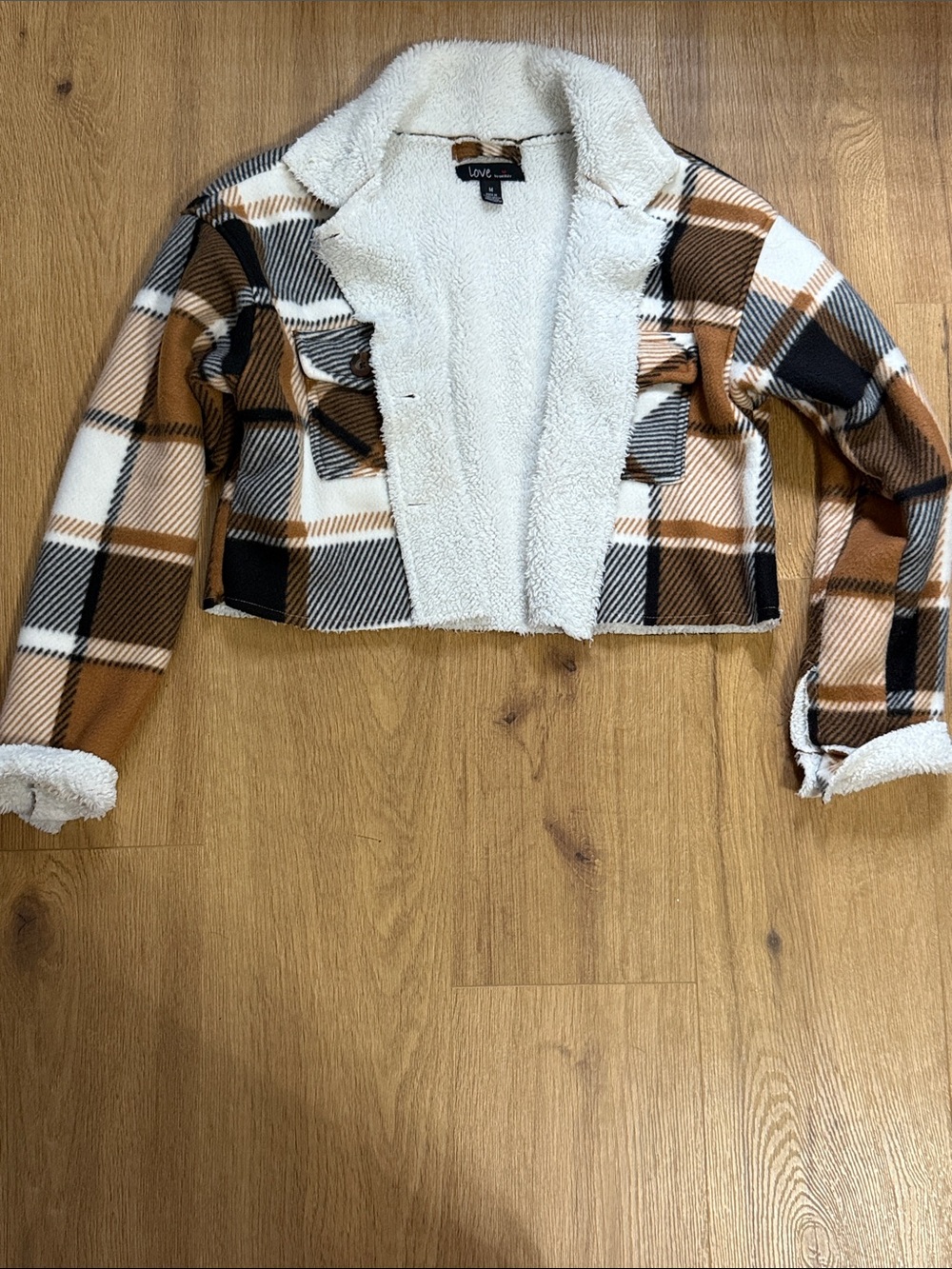 Love Tree Cropped Plaid Teddy Jacket - Brown, White, Black